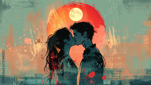 A Romantic Illustration of Love Under the Full Moon