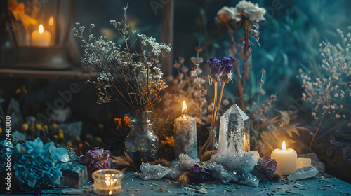 A mystical and sublime Crystal shop with precious stones, dried flowers, and candles in moody lighting. A variety of crystals are on the table including; Alexandrite, Peridot, Beryl, Moldavite.