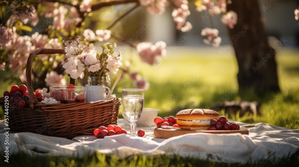 Spring picnic delight  enjoying a relaxing outdoor picnic surrounded by blooming nature