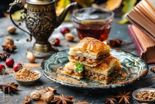 Baklava dessert with tea sweet pastry on a traditional Turkish vintage setting