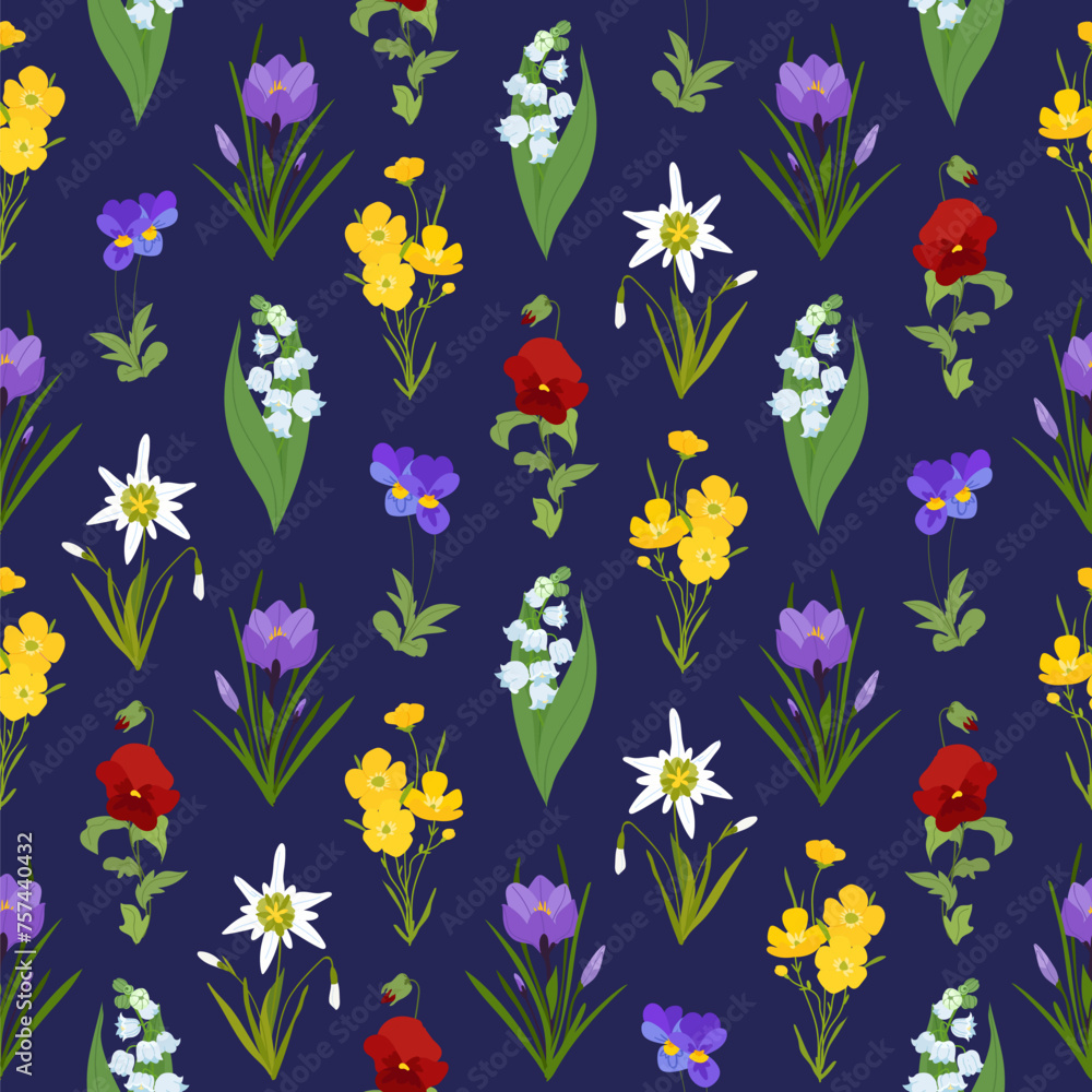 Spring Meadow flowers seamless pattern. Crocus, buttercup, snowdrop and Lily of the valley garden vector illustration. For web, print, wrapping paper, wedding invitation card, textile, fabric, decor