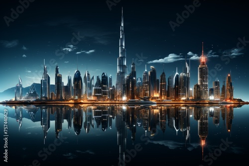 City lights and skyscrapers reflected in the water at night