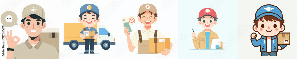 Vector set of cheerful courier characters with a simple and minimalist flat design style