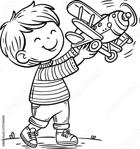 Cute cartoon little boy playing with an airplane toy on the outdoors. Outline vector illustration. Coloring book page for children