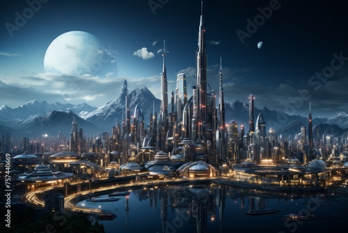 Futuristic city skyline with mountains, a large moon in the sky