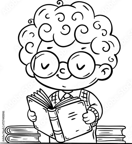 Cute cartoon little boy in glasses sitting and reading a book. Isolated outline vector illustration. Coloring book page for children