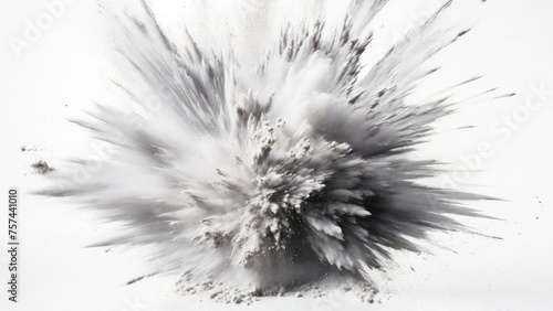 Gray powder exploding  Abstract dust explosion on a white background
