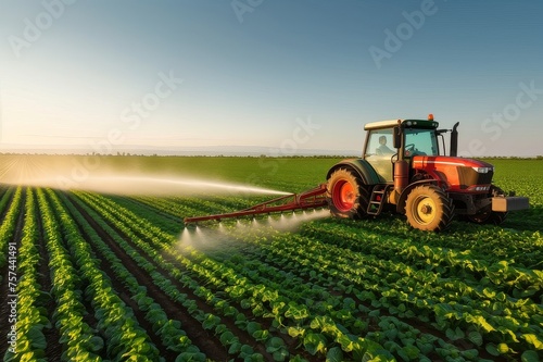 Tractor sprays which protect against pests at a farmer field concept