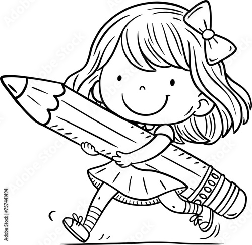 Smiling little girl holding big pencil. Isolated outline vector illustration. Coloring book page for children