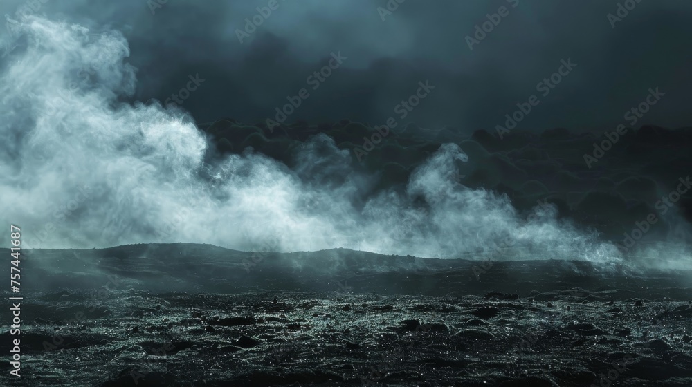 A tranquil scene of pale smoke wafting over a dark, shadowy landscape with diffused ground lighting.