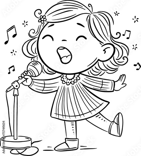 Cartoon little girl singing a song into a microphone while standing on stage. Outline vector illustration. Coloring book page for children