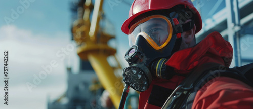 A focused offshore worker in a red safety suit and gas mask against industrial backdrop.