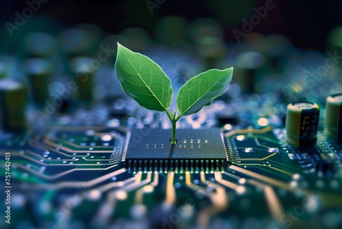 Plant growing on electronic circuitry chip in light indigo and green. Energy-filled illustrations, volumetric lighting, performance-oriented design, and webcore aesthetics. Green technology concept.