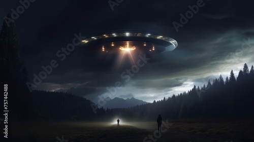 UFO, an alien plate hovering over the field, hovering motionless in the air. Neural network AI generated art