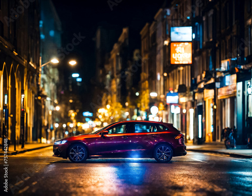 Background of night street with defocused light cars and street lamps. Abstract backdrop of bokeh blurred purple lights at city life. Concept of cityscape backgrounds for design. Copy text space