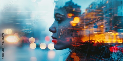 A woman's face is reflected in a window, with the city lights in the background