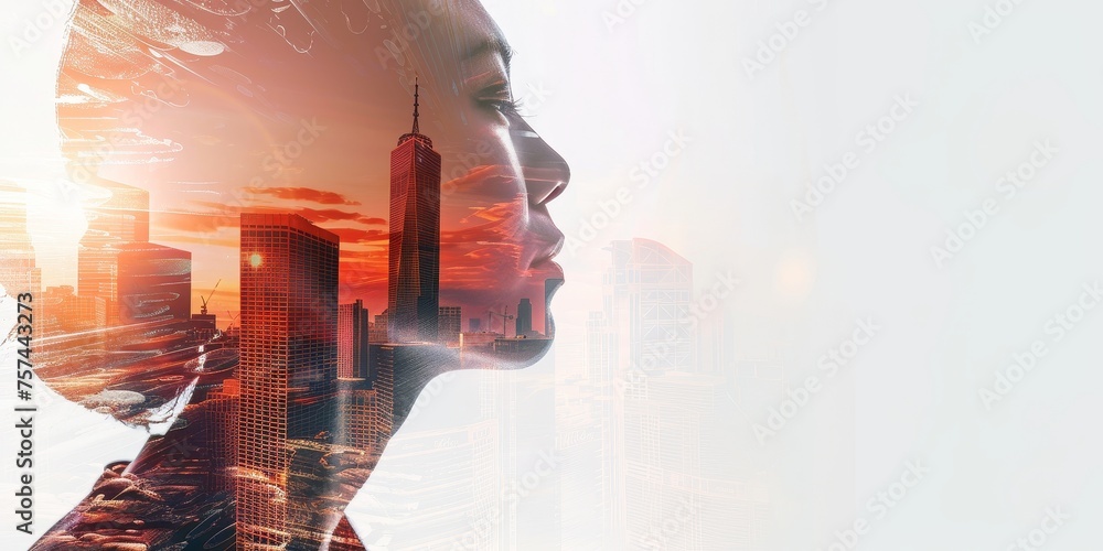 A woman's face is shown in a cityscape with a sunset in the background