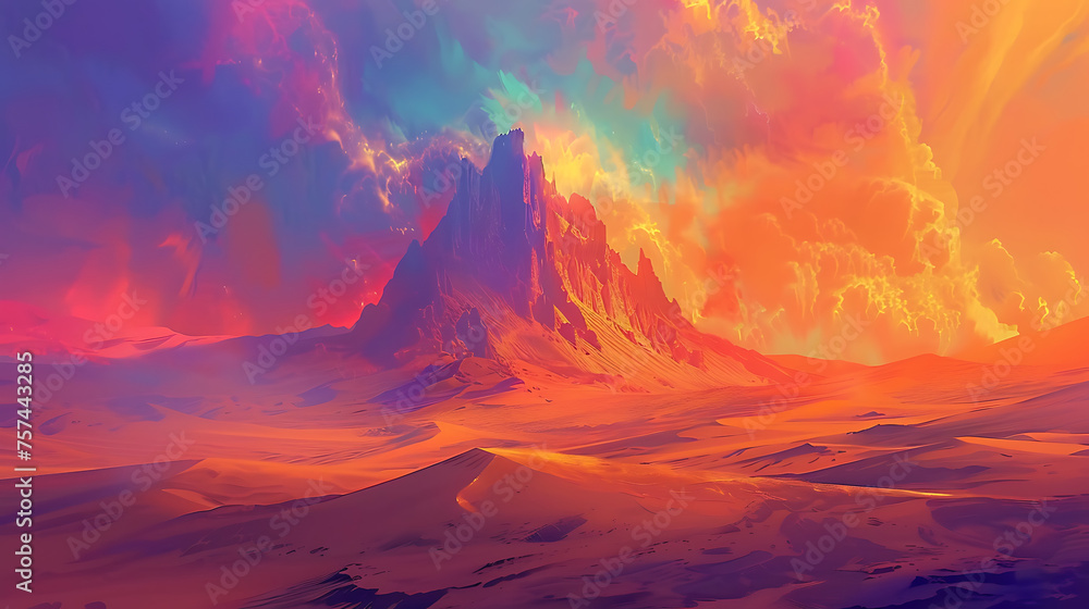 A surreal desert landscape with towering sand dunes and a vivid sunset painting the sky in shades of orange and pink. 
