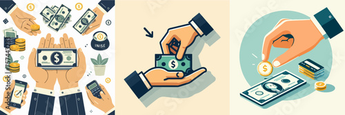 Vector set of hands and money in flat design style