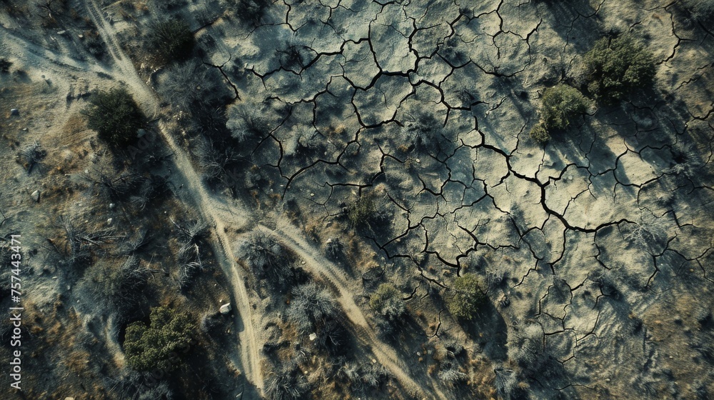 An aerial view of a dry, cracked earth landscape, symbolizing drought and environmental concerns. An aerial view of a dry, cracked earth landscape, symbolizing drought and environmental concerns.