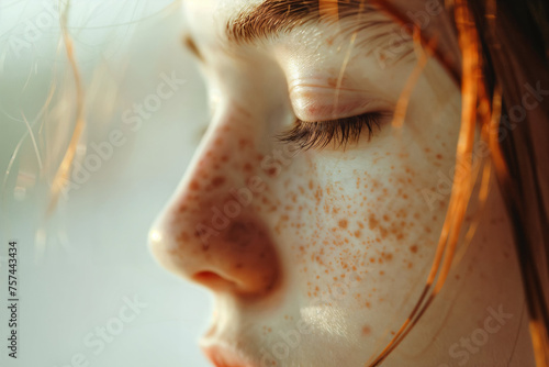 Close-up of woman closed eye with freckles. Generative AI