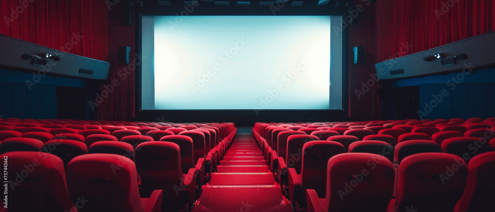 Empty movie theater with red seats and a wide blank screen, ready for a ...