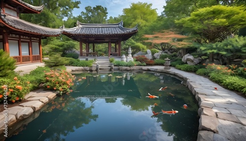 A symphony of colors fills the air as butterflies alight on the lush greenery encircling a tranquil koi pond, their delicate wings a vivid tapestry against the backdrop of nature.