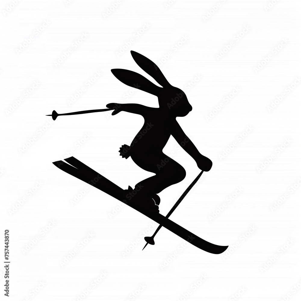 Nice lovely rabbit skier silhouette, sportive, dynamic bunny skiing with skis and holding ski poles, long ears and round little tail, kid sign with animal on skis, cute design of a person skiing 