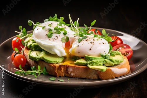 Avocado toast, cut into pieces, arranged on a ceramic plate. Decorated with poached eggs, tomatoes and coriander, emphasizing freshness. photo