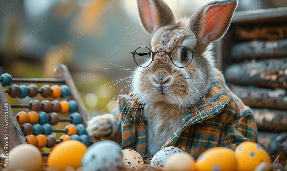 Bunny in glasses in a jacket sells easter eggs