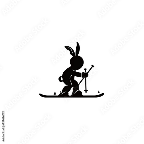 Lovely fun icon of a snowboarder jumping on a snowboard, skiing in the mountain with pine trees, a cute child silhouette with bunny's ears and tail, rabbit figure skiing, on transparent background