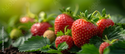 Ripe juicy strawberries in the garden close up. Healthy food  sweet dessert. Red berries.