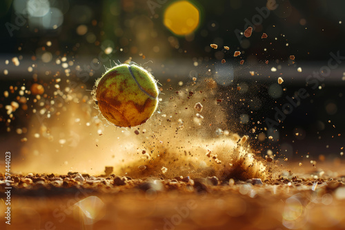 Close-up of a tennis ball creating a dramatic spray of clay particles as it bounces on the court. Generative AI photo