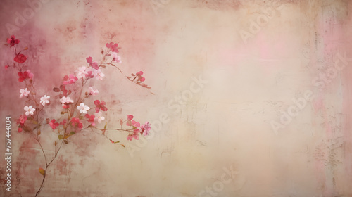 A vintage background with pink blossoms on an elegantly aged plaster wall