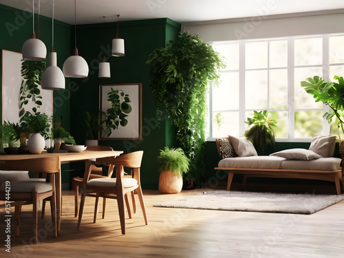 Animation of modern contemporary cozy green wall living and dining room 3d render.