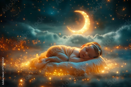 Child sleeping soundly amid stars photo