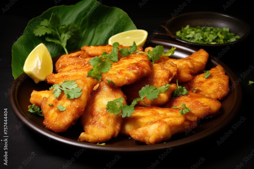 Bite-sized pieces of light fish Fry until golden and crispy. Topped with fragrant garlic and pepper sauce. Garnished with coriander leaves, it's delicious, spicy, and easy to eat Bite-sized pieces of light fish Fry until golden and crispy. Topped with fragrant garlic and pepper sauce. Garnished with coriander leaves, it's delicious, spicy, and easy to eat