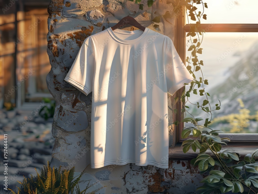 Product mockup photography white blank t-shirt in outdoor Product mockup photography white blank t-shirt in outdoor