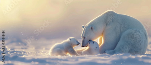 Tender moment as polar bear cuddles her cubs in a snowy arctic embrace at dawn.