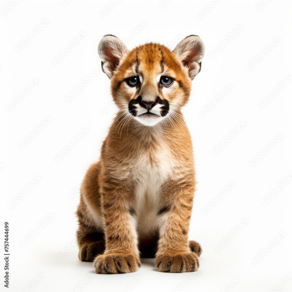 small touching baby cougar on a white background. the kitten of a big cat. small touching baby cougar on a white background. the kitten of a big cat.