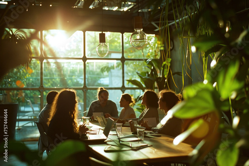 Office meeting with sunlight shining through window onto group of people sitting at table in workspace setting