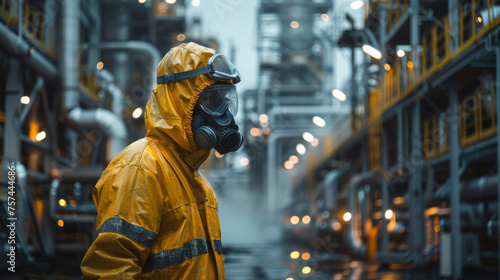 A worker in a yellow hazmat suit with a gas mask at an industrial facility, surrounded by mist and machinery.