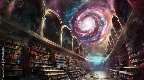 A surreal digital collage blending elements of a library with a cosmic wormhole, symbolizing the boundless possibilities of knowledge and exploration