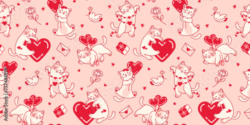 Lovely pink seamless wallpaper with cute cats and hearts. Funny girly background. Gift wrapping paper, fabric, backdrop.