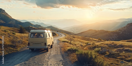 Vintage van traveling on a mountain road at sunset.