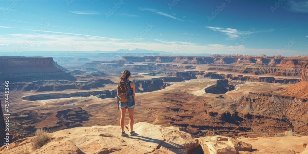 Woman hiker observing a vast desert landscape.