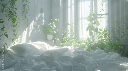 Luminous white bedroom overflowing with greenery, creating a dreamlike and ethereal atmosphere photo