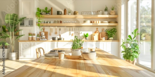 Modern, bright kitchen interior with a wooden table and plants. © ParinApril