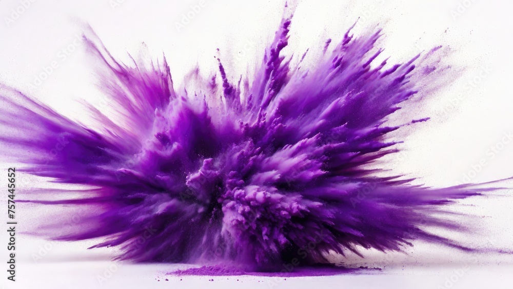 Purple powder exploding, Abstract dust explosion on a white background Purple powder exploding, Abstract dust explosion on a white background