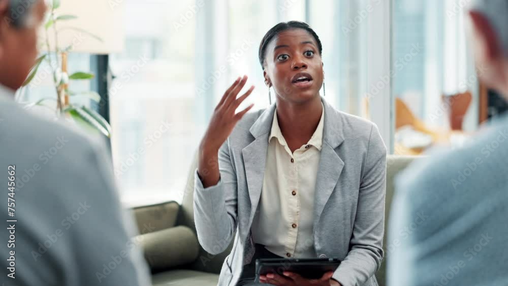 Financial advisor, home and senior couple for pension advice, speaking and asset management. Business woman consulting with elderly clients of insurance, policy or retirement plan with digital tablet